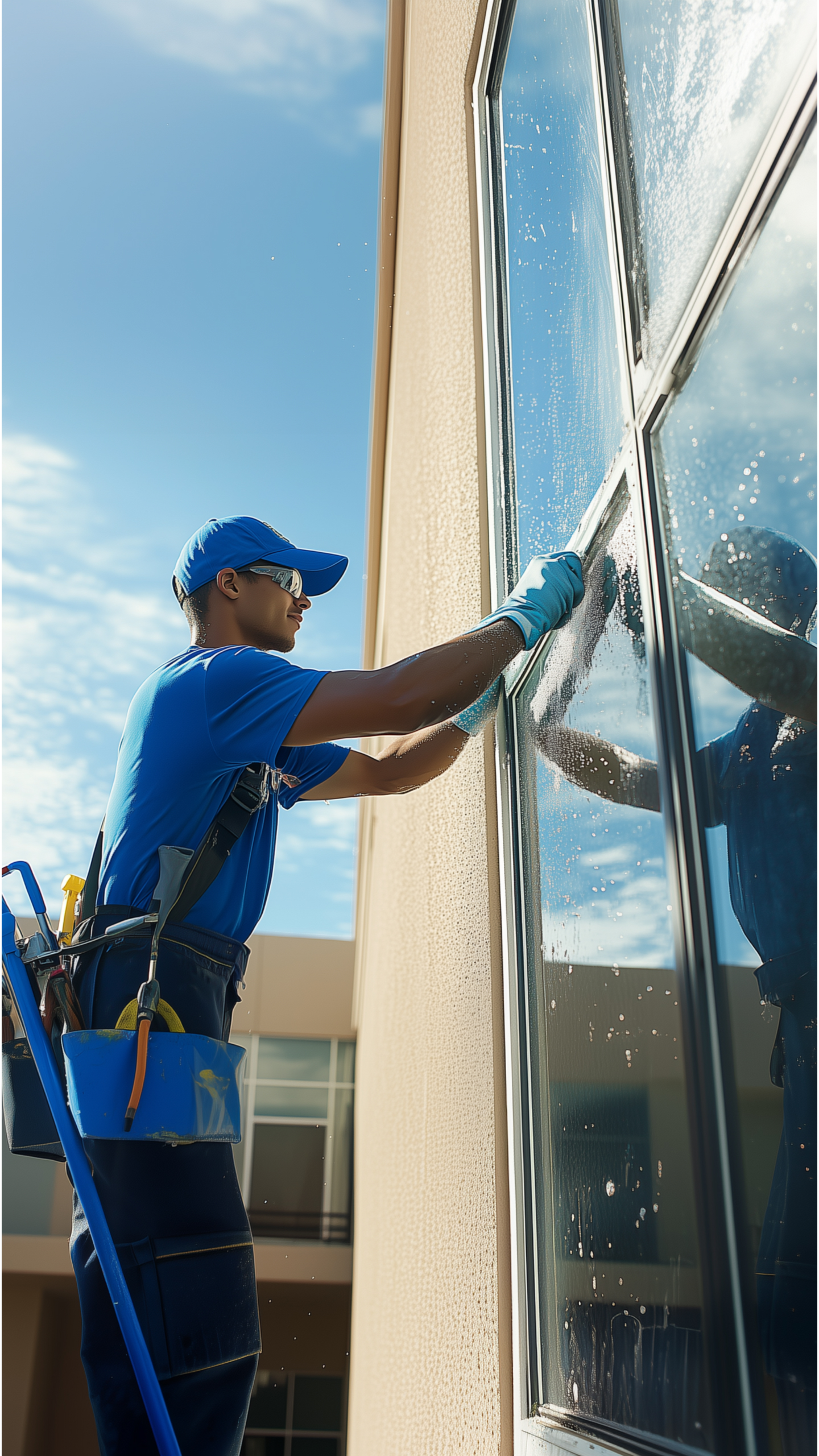 A window cleaner in a blue shirt and cap is cleaning a large window with a squeegee while wearing gloves, with a clear blue sky in the background.